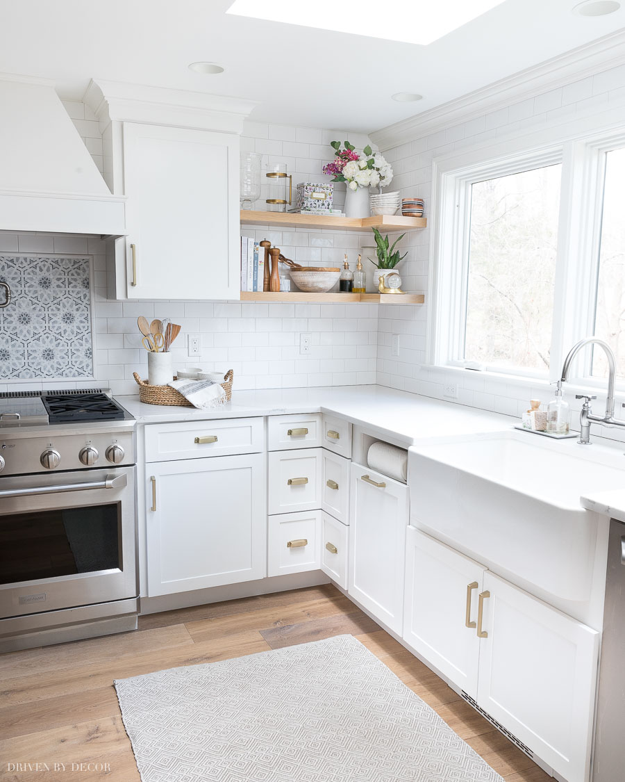 White Kitchen with Wood Floating Shelves