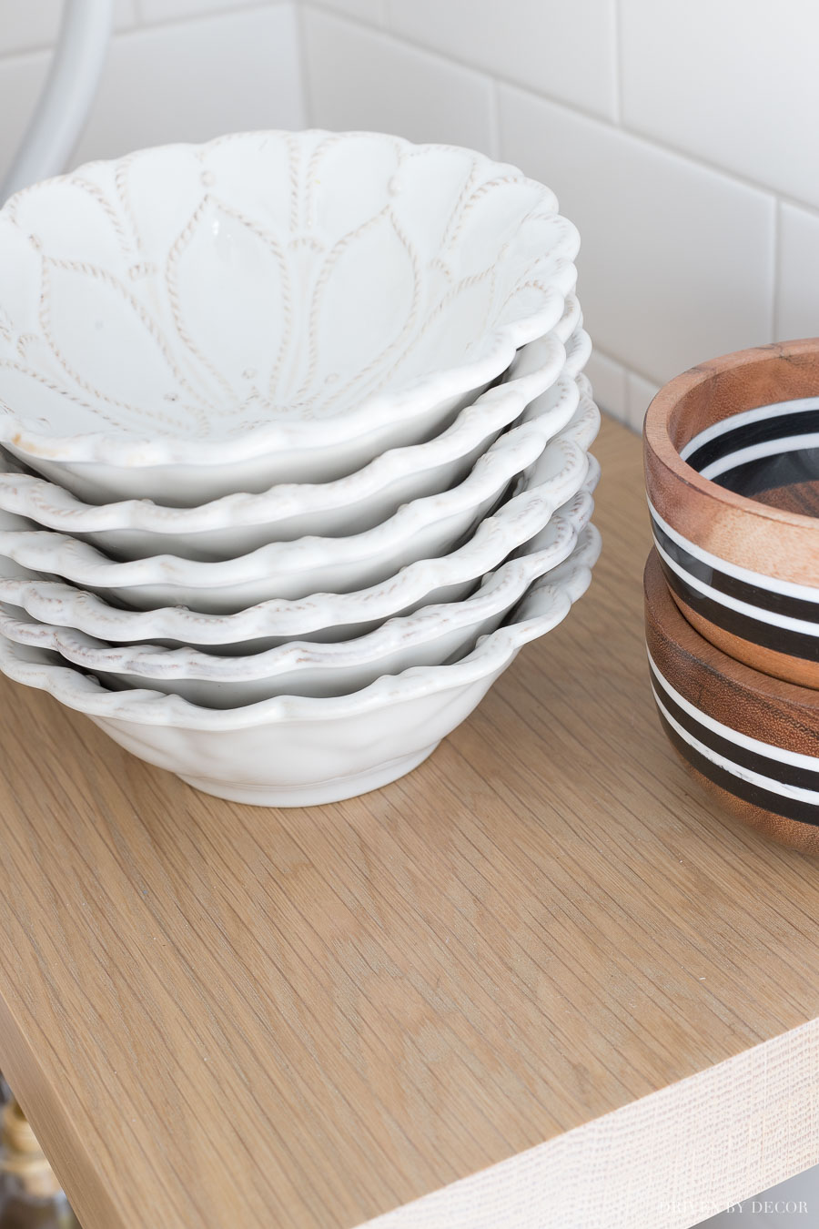 Love the gray wash finish of these stained white oak corner shelves!