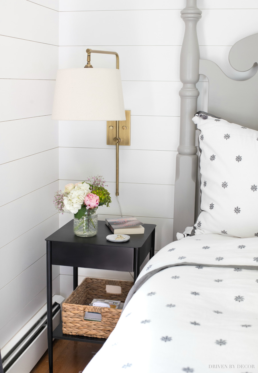 A great small, narrow black nightstand that's perfect for small bedrooms! 