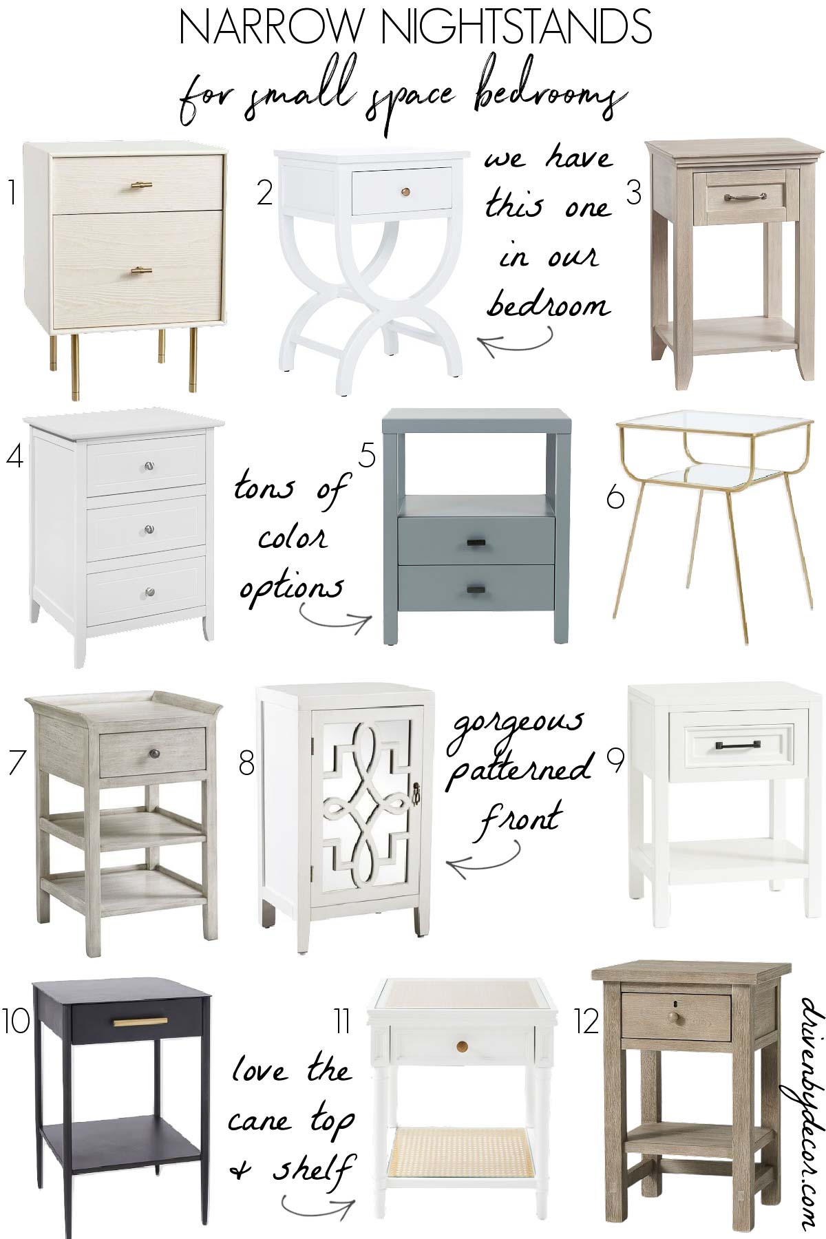 Narrow nightstands for small space bedrooms!