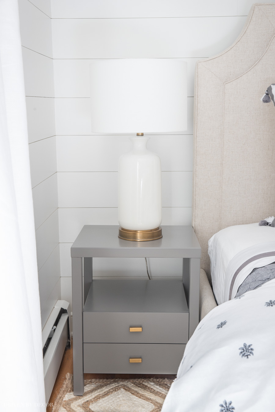 This narrow gray bedroom nightstand is perfect for small spaces!!