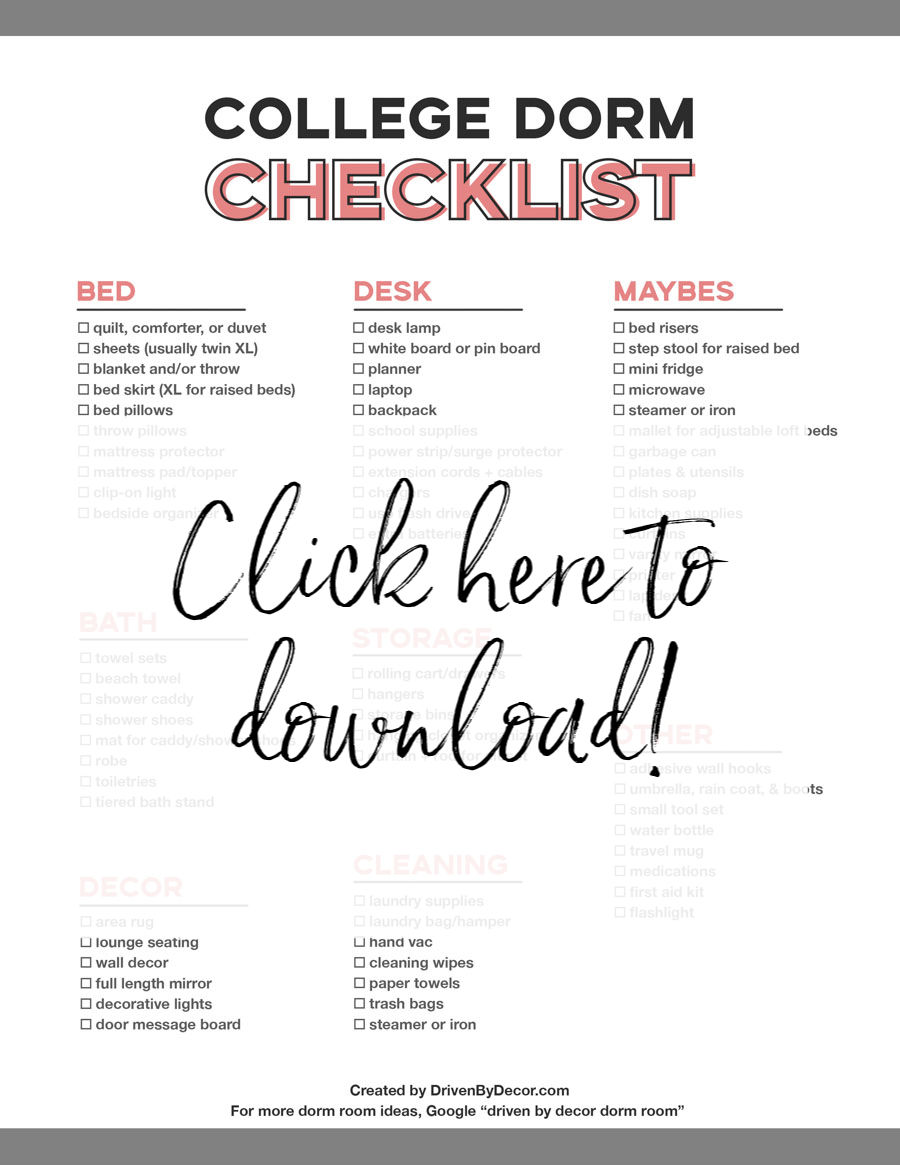 Free printable college dorm checklist!!