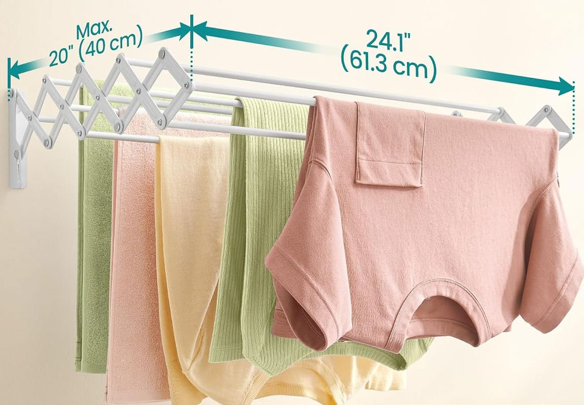 Wall-mounted accordion drying rack for hanging laundry