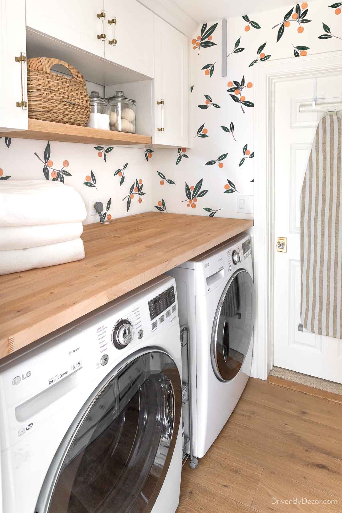 Butcher block countertop in laundry room