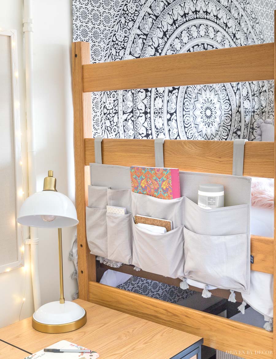 This footboard organizer is so smart for storage at the end of a lofted dorm bed!