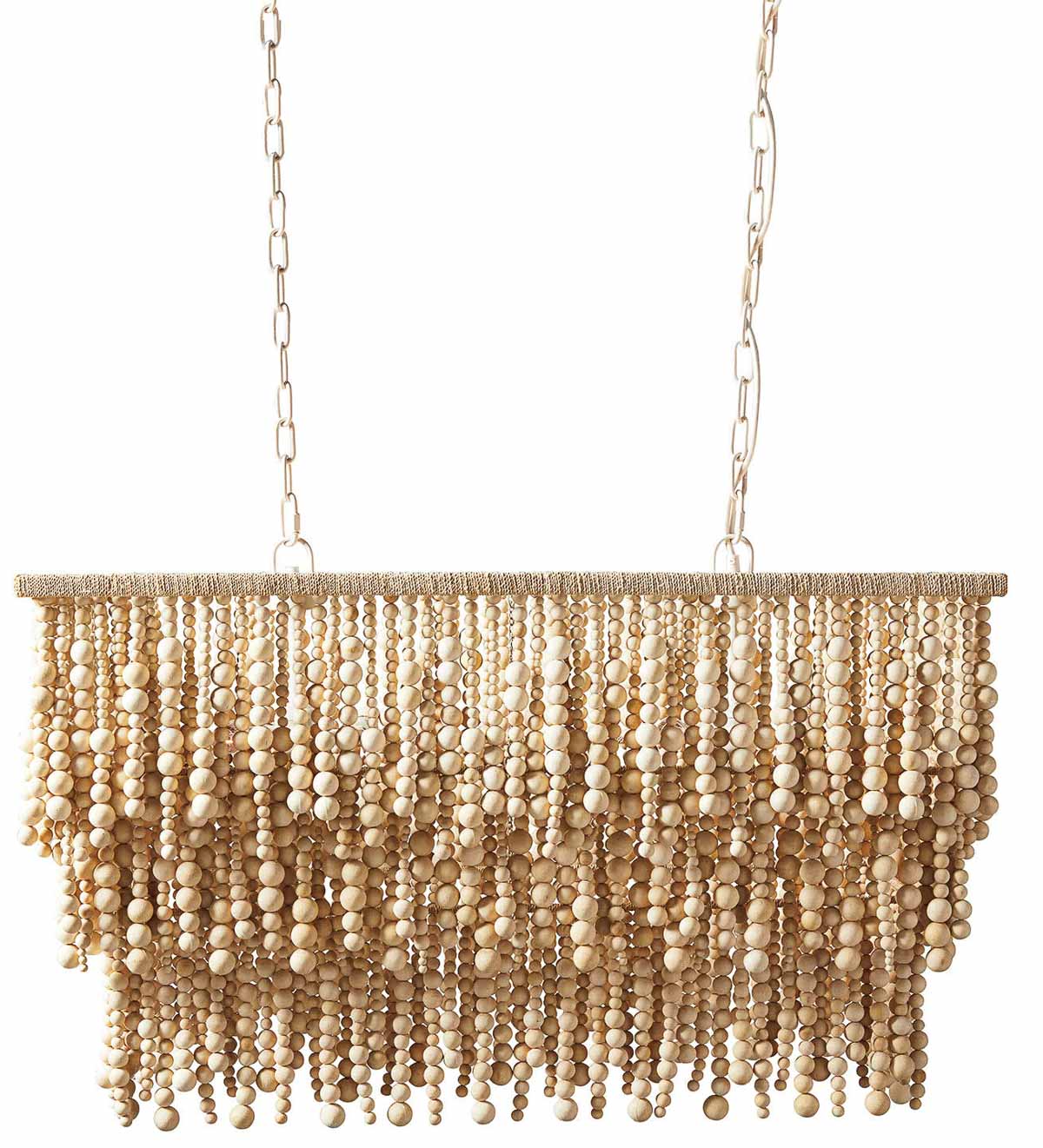 Rectangular, tiered wood bead chandelier