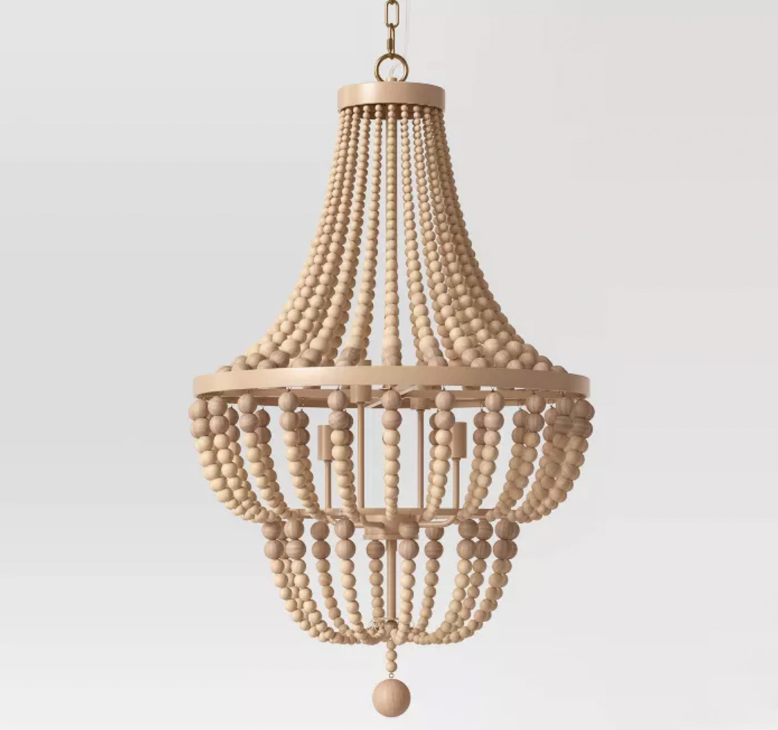 Large, double tiered wood bead chandelier
