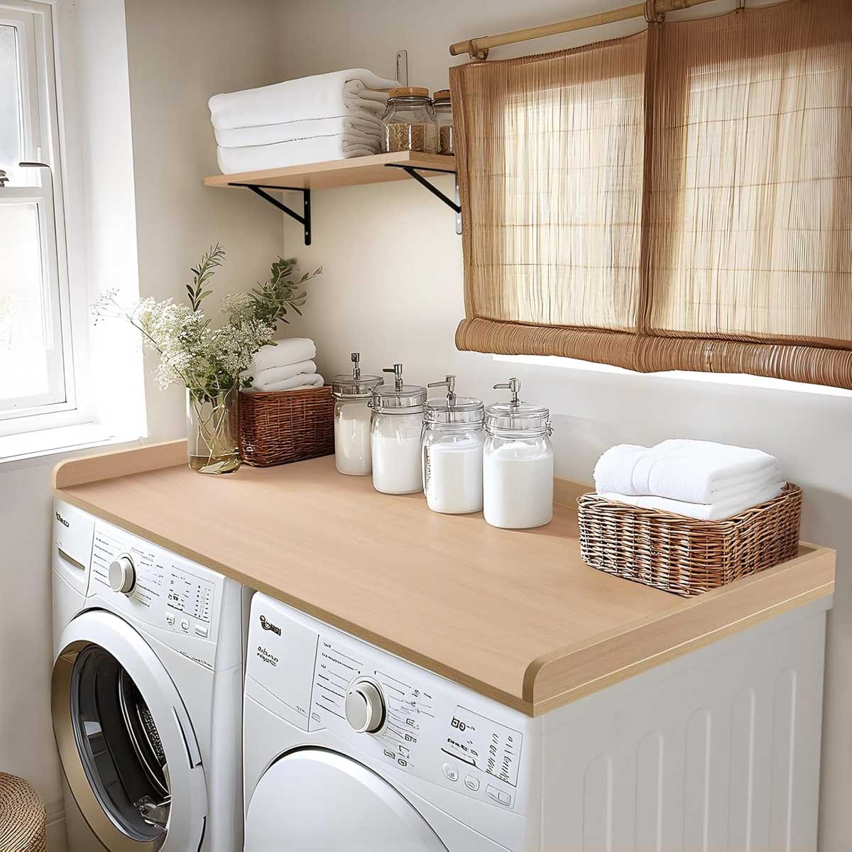 Wood countertop on top of washer and dryer