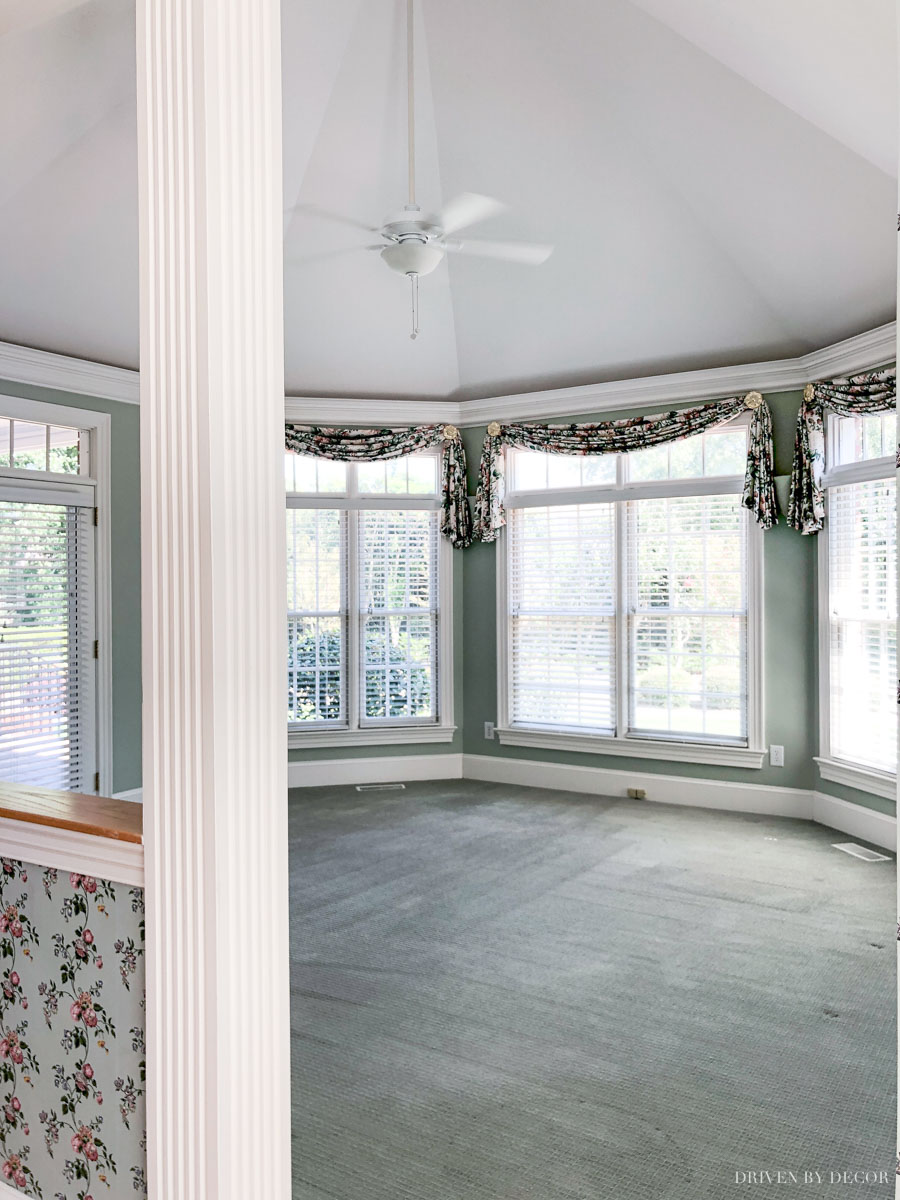 The vaulted, angled ceiling in our family room