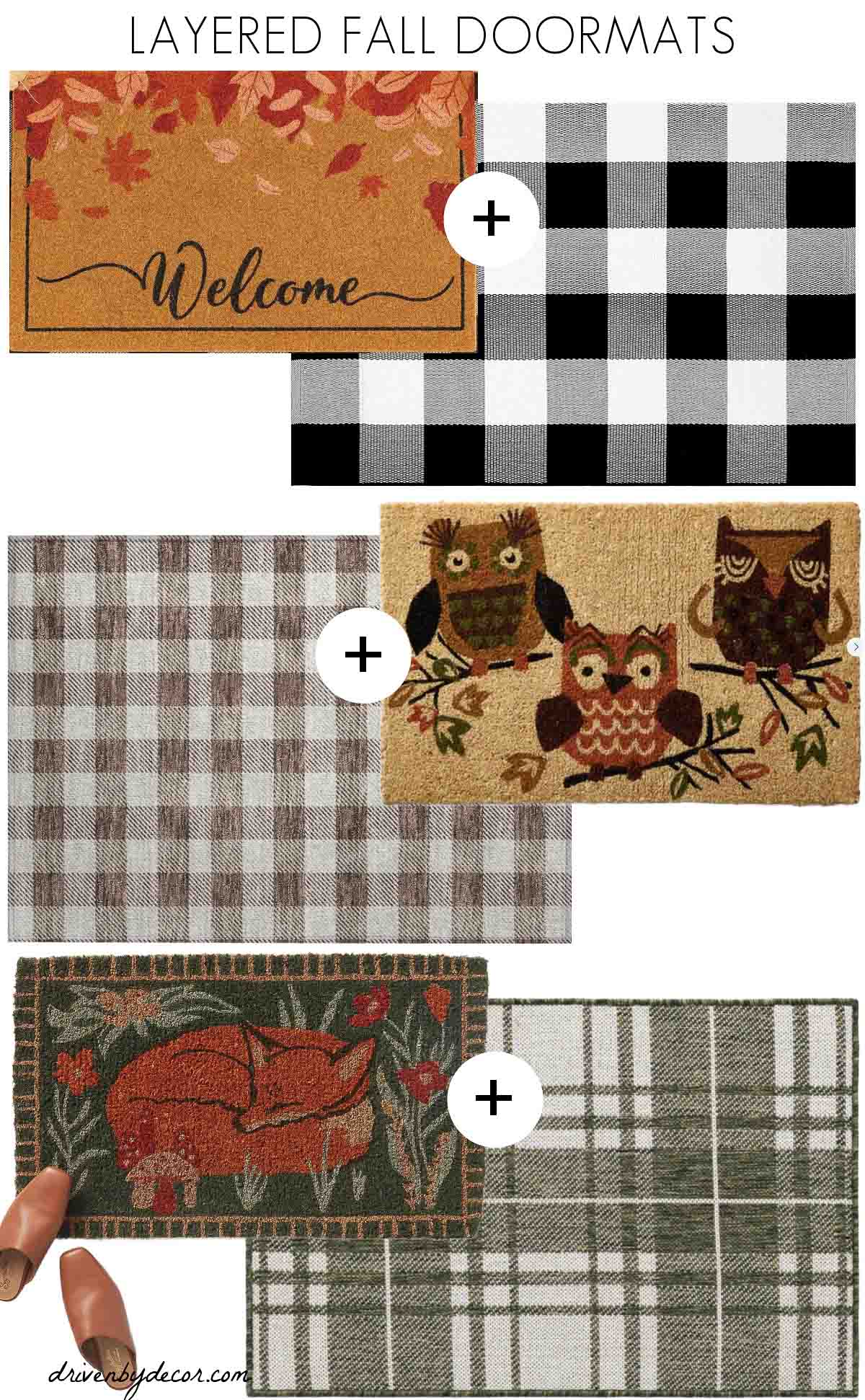 Fall doormats layered over patterned rugs for fall porch decor