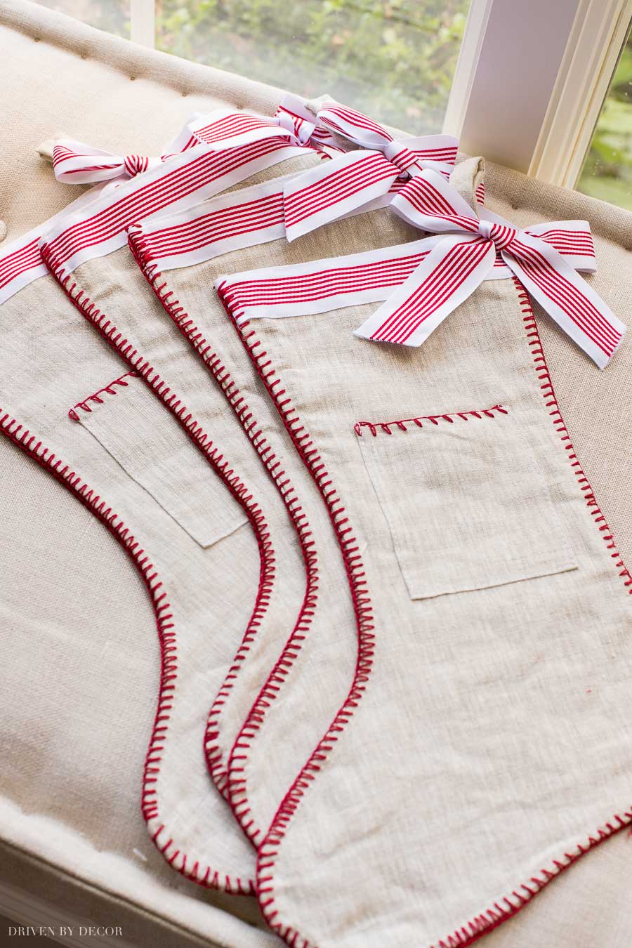 The cutest red and white ribbon stockings - love the pocket!