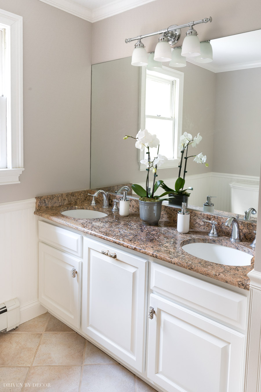 white bathroom cabinets with dark countertops