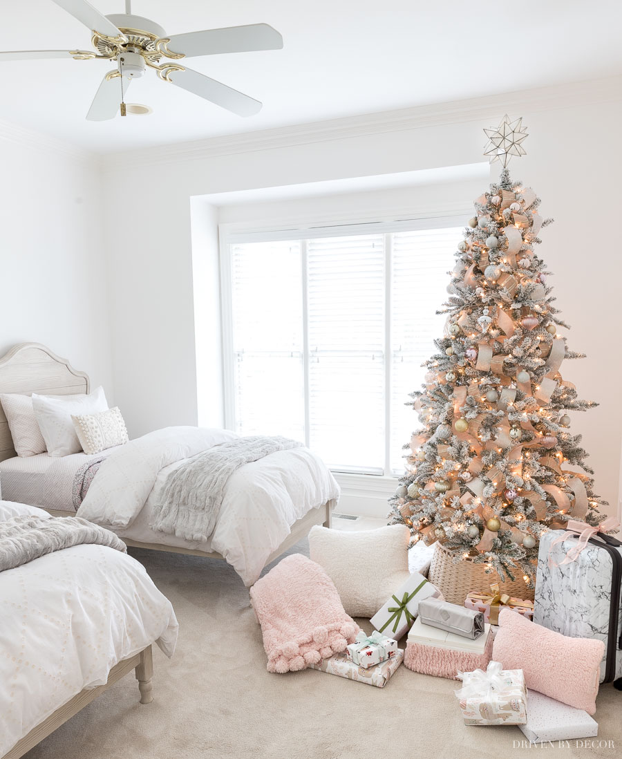 The sweetest girls room decorated for Christmas - love the two twin beds!