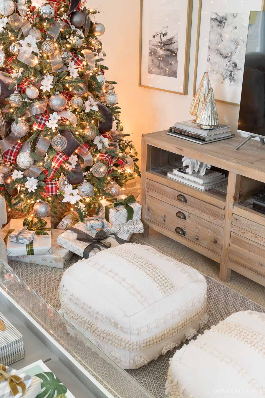 Love having these cute floor poufs!! They're great as footrests or extra seating, especially around the holidays!