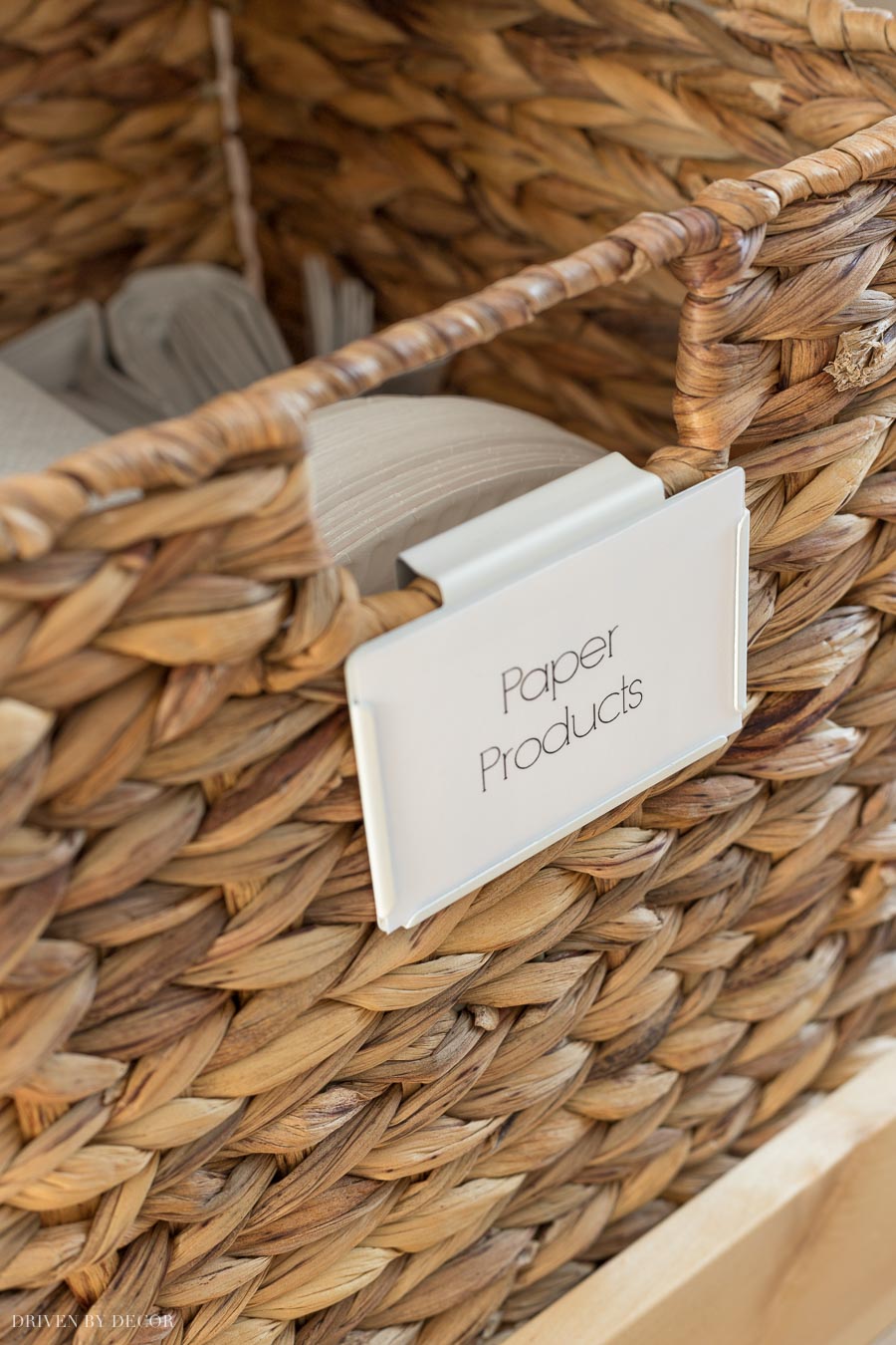 Love these bin labels for baskets in her organized pantry!