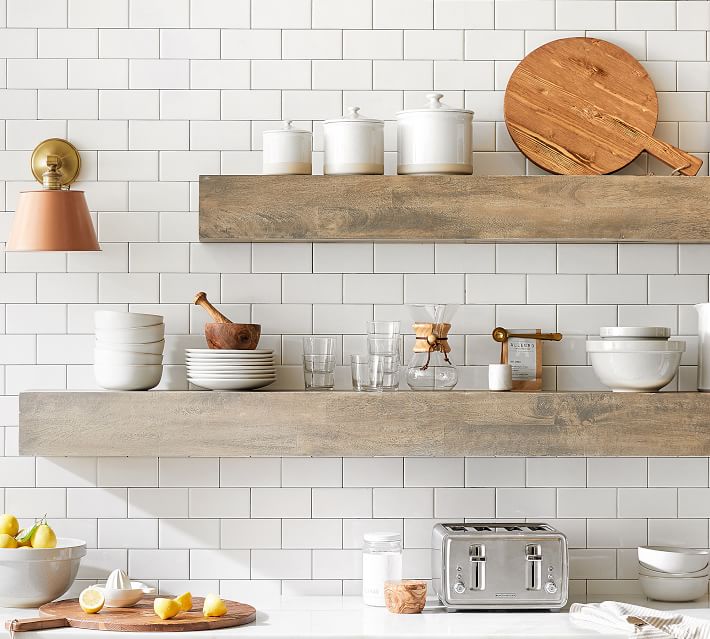 Gorgeous open shelving made with mango wood which is a trending material in 2020!