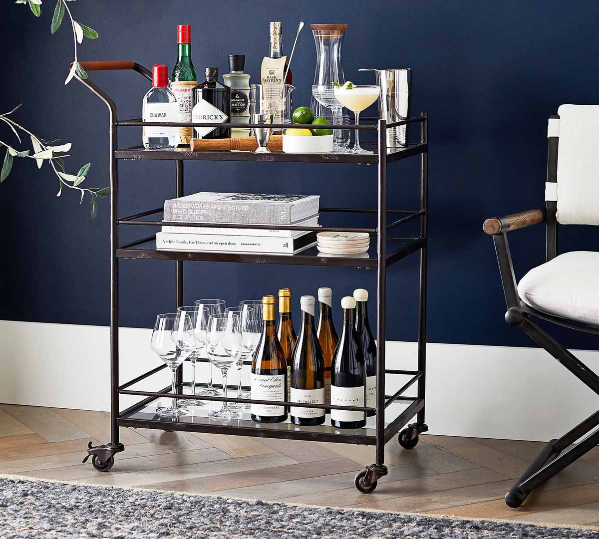 Rolling bar cart with glass shelves