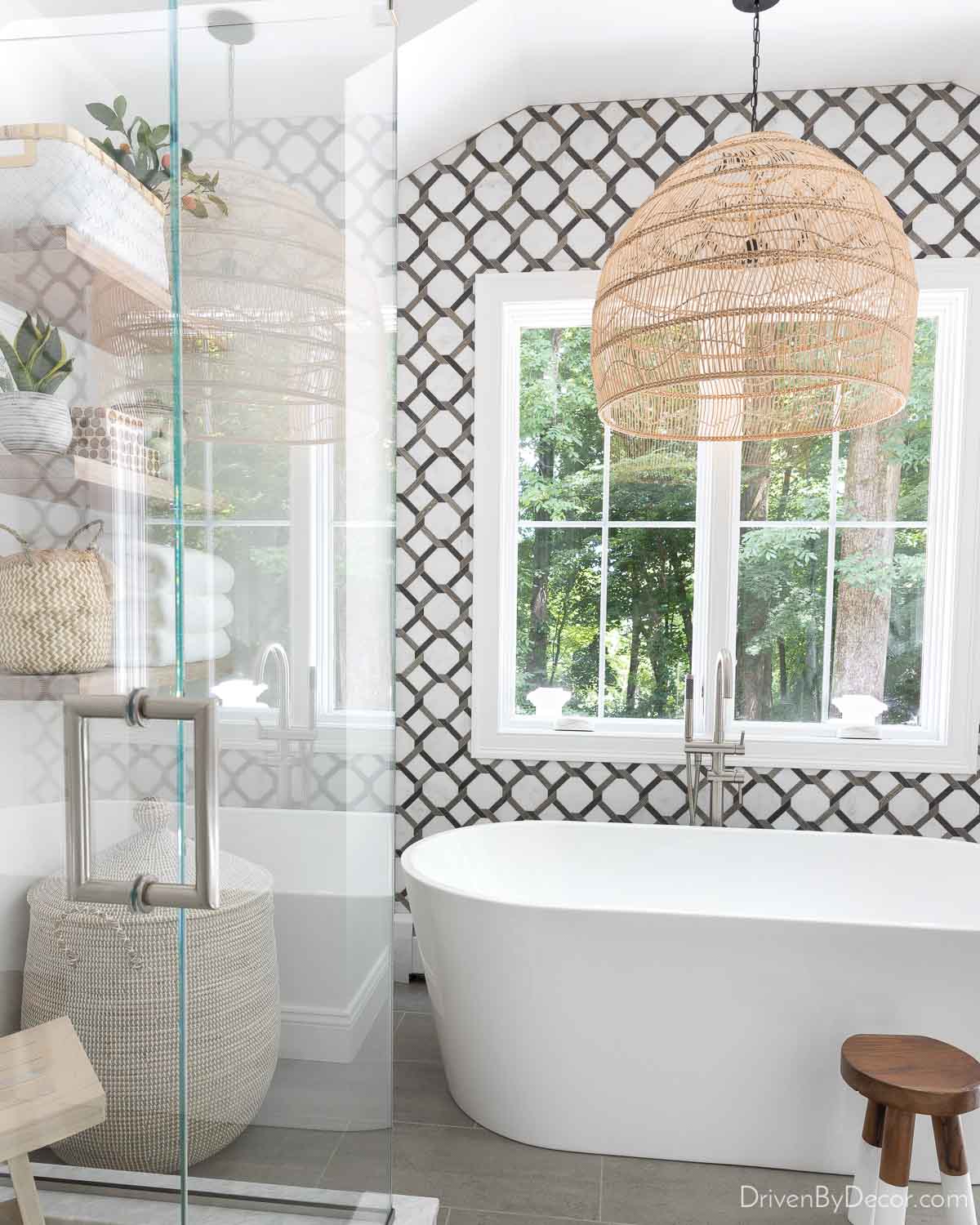 Love this oversized rattan pendant above our bathtub - a favorite Amazon home decor find!