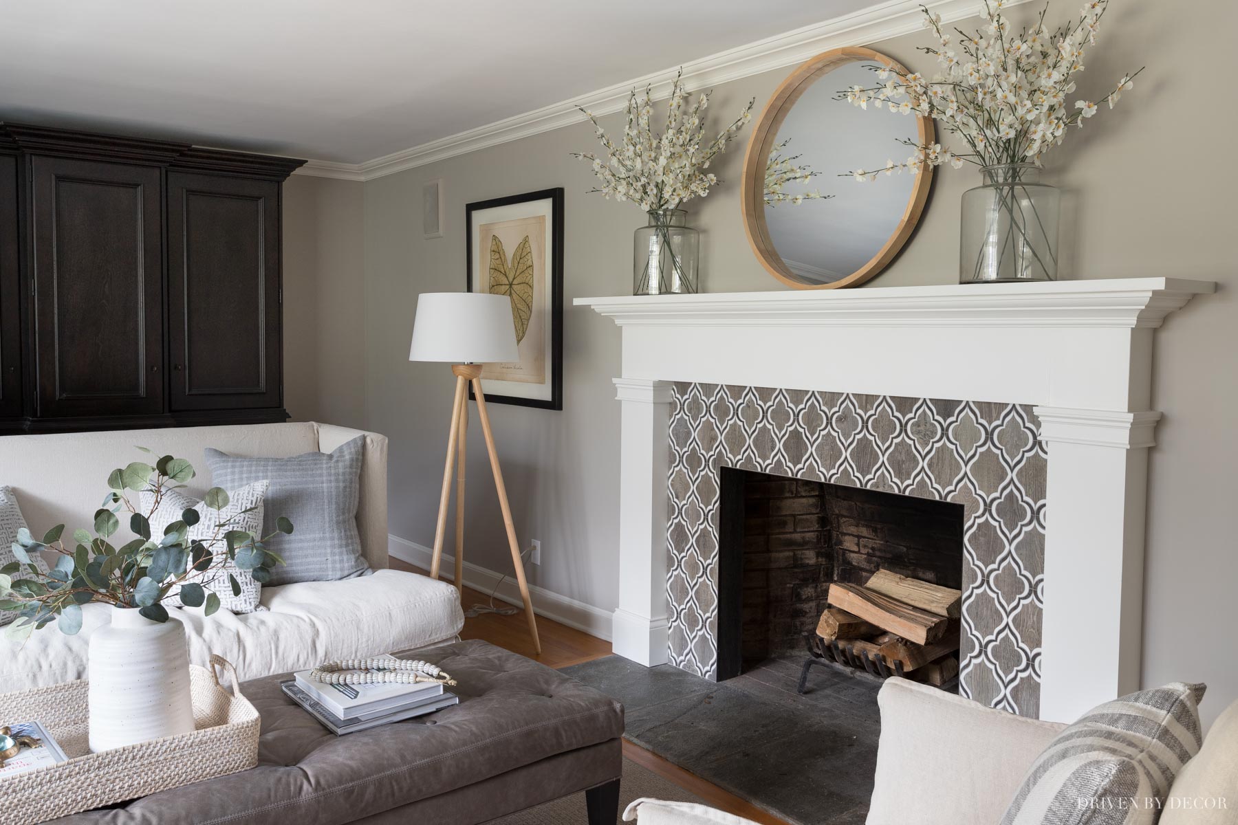 This gorgeous round wood mirror over our fireplace is a favorite Amazon home decor find!