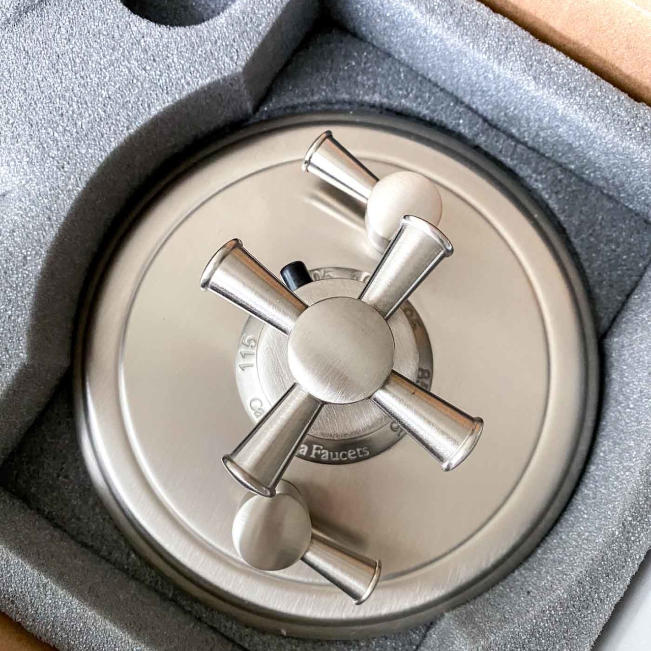 LOVE this satin nickel shower valve trim with a cross handle!