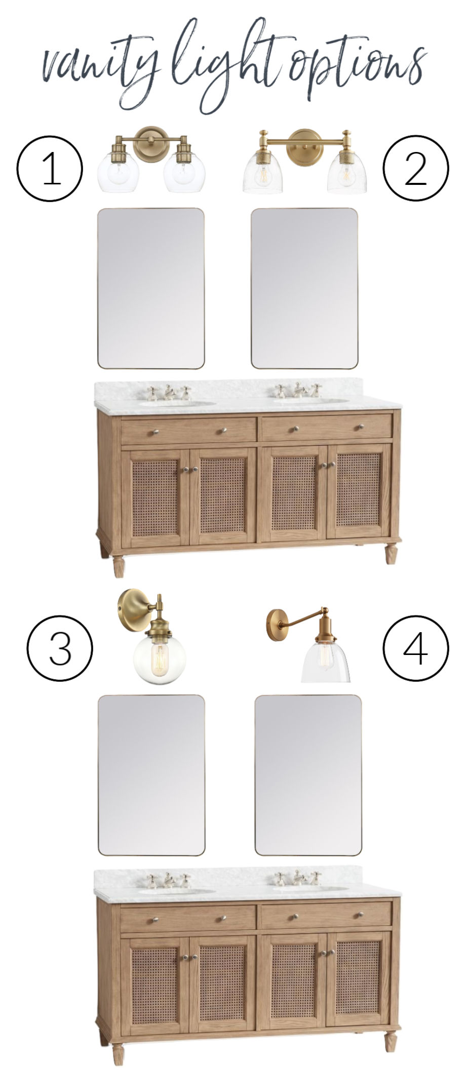 Four beautiful sconce lighting options for above a bathroom vanity!