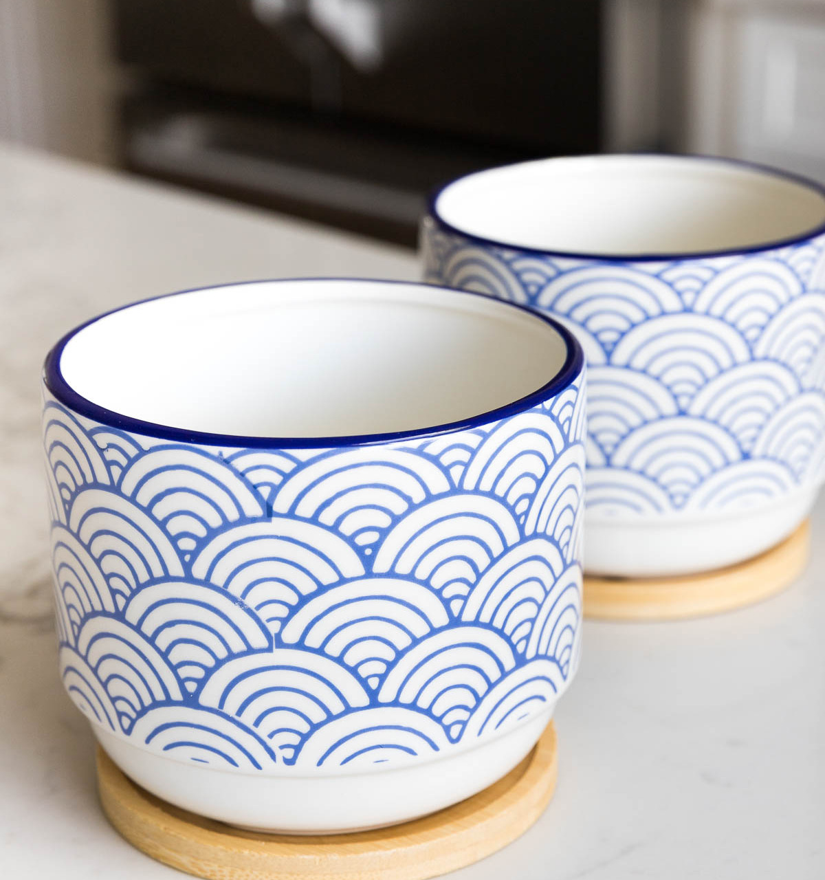 The cutest blue and white planters with bamboo drip trays - love these for spring decor!