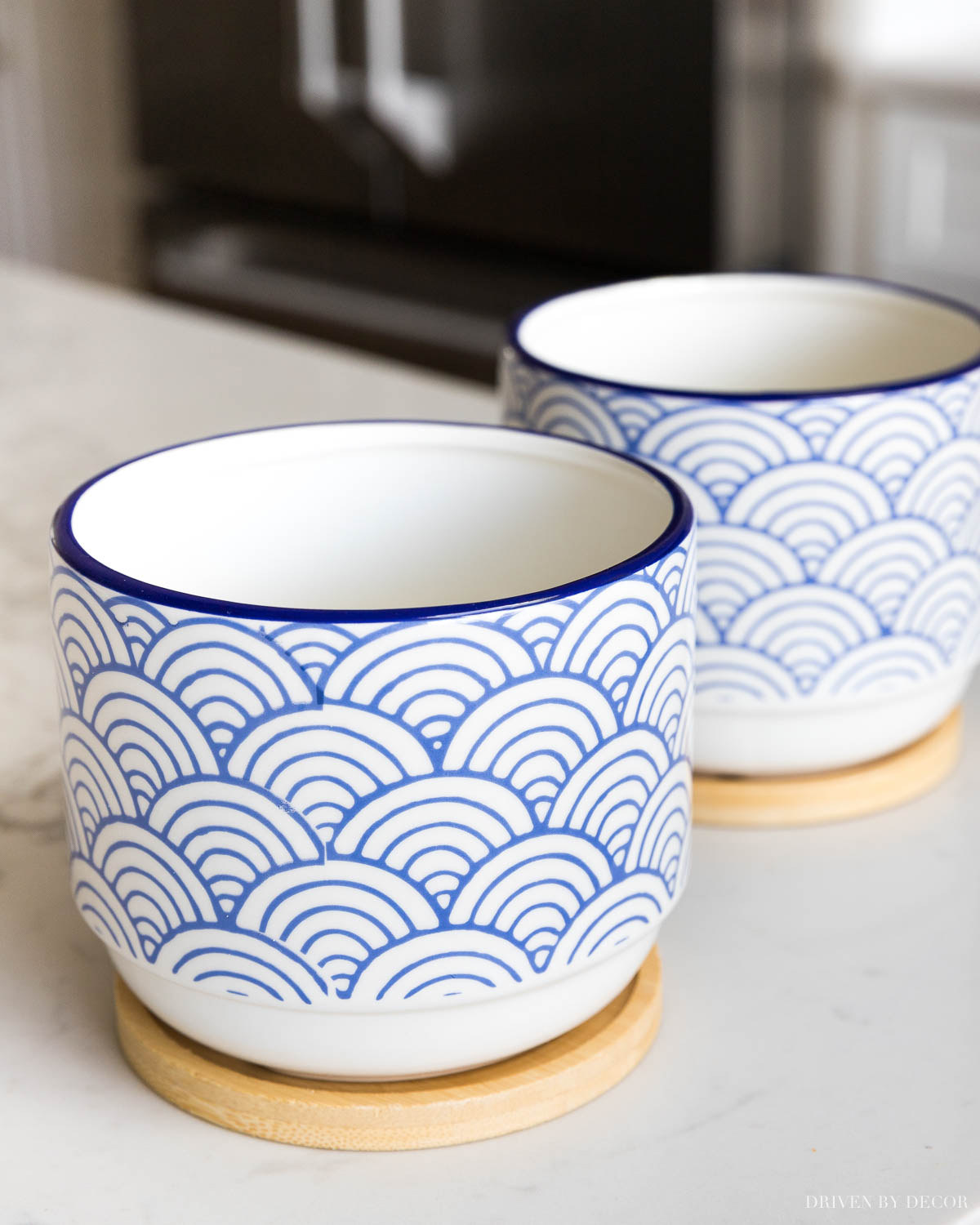 The cutest blue and white planters with bamboo drip trays - love these for spring decor!