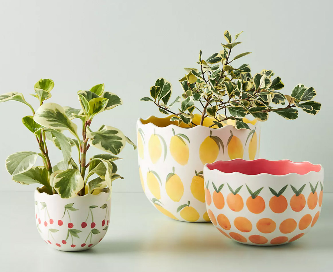 Some of my favorite spring decor pieces! Darling planters with fruit prints!