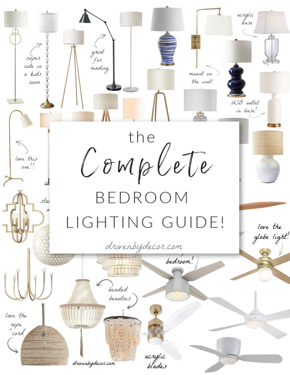 Complete bedroom lighting guide - the best light fixtures including floor lamps, table lamps, pendants, chandeliers, and ceiling fans!