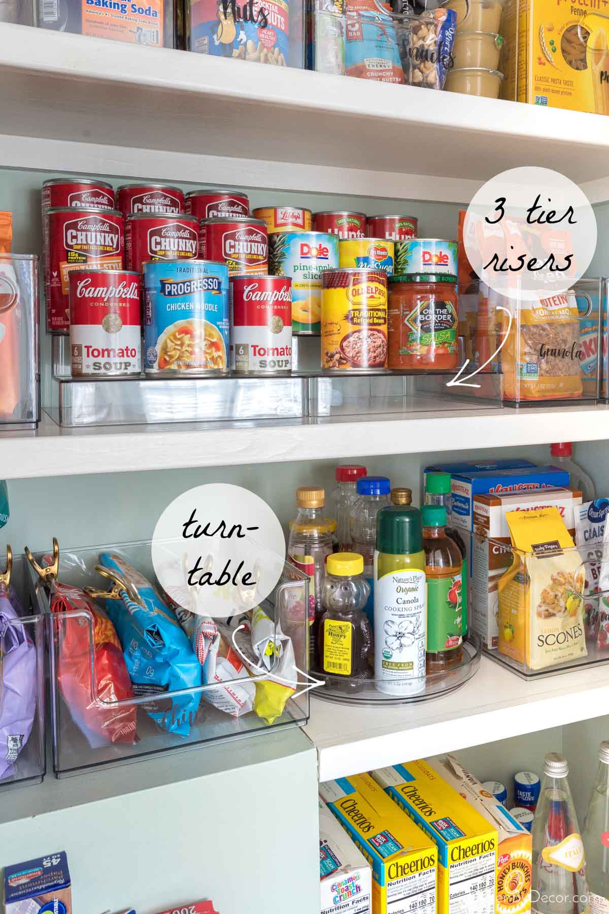 Pantry with tiered risers and turntable for organization