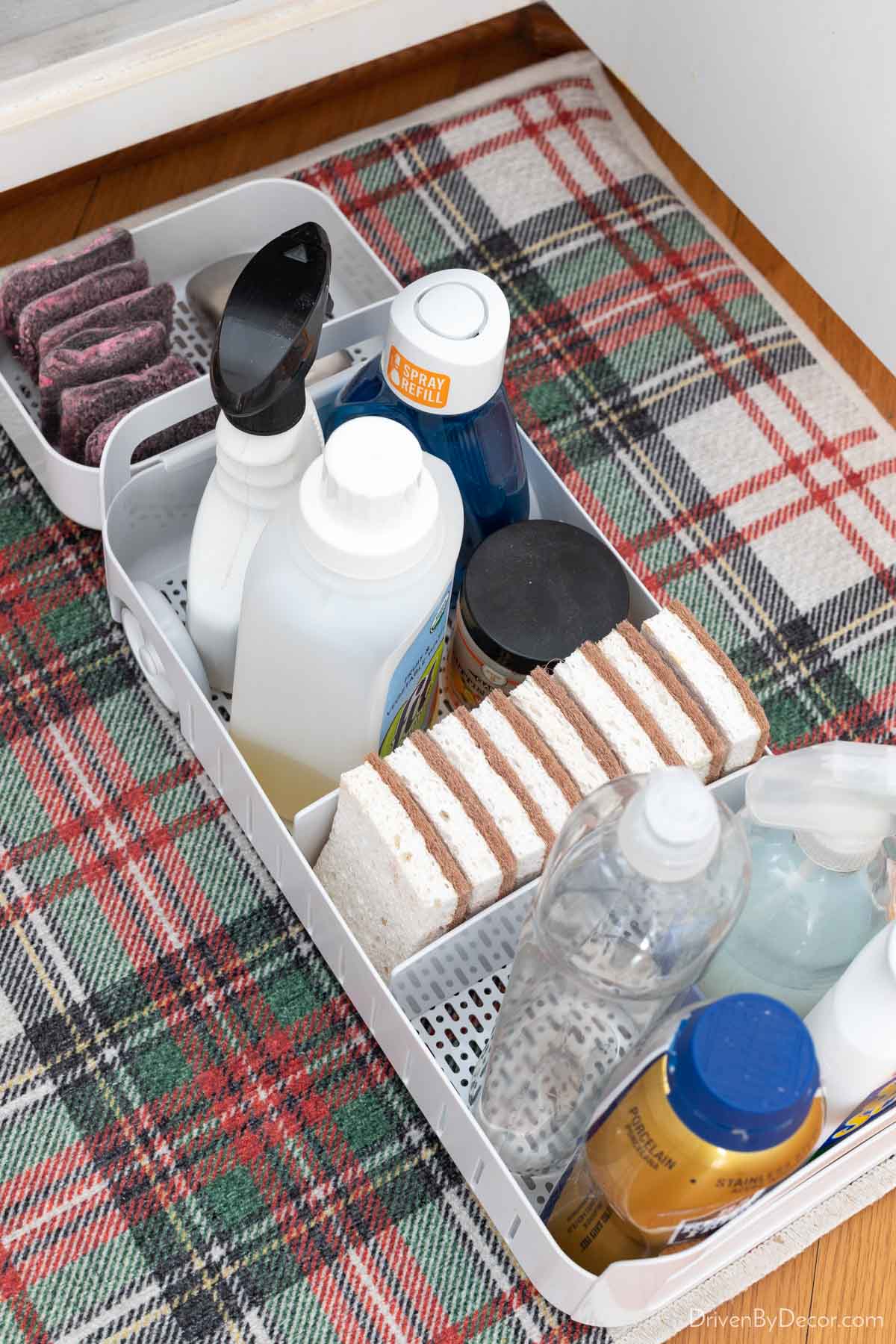 Top view of rolling organizer filled with kitchen products