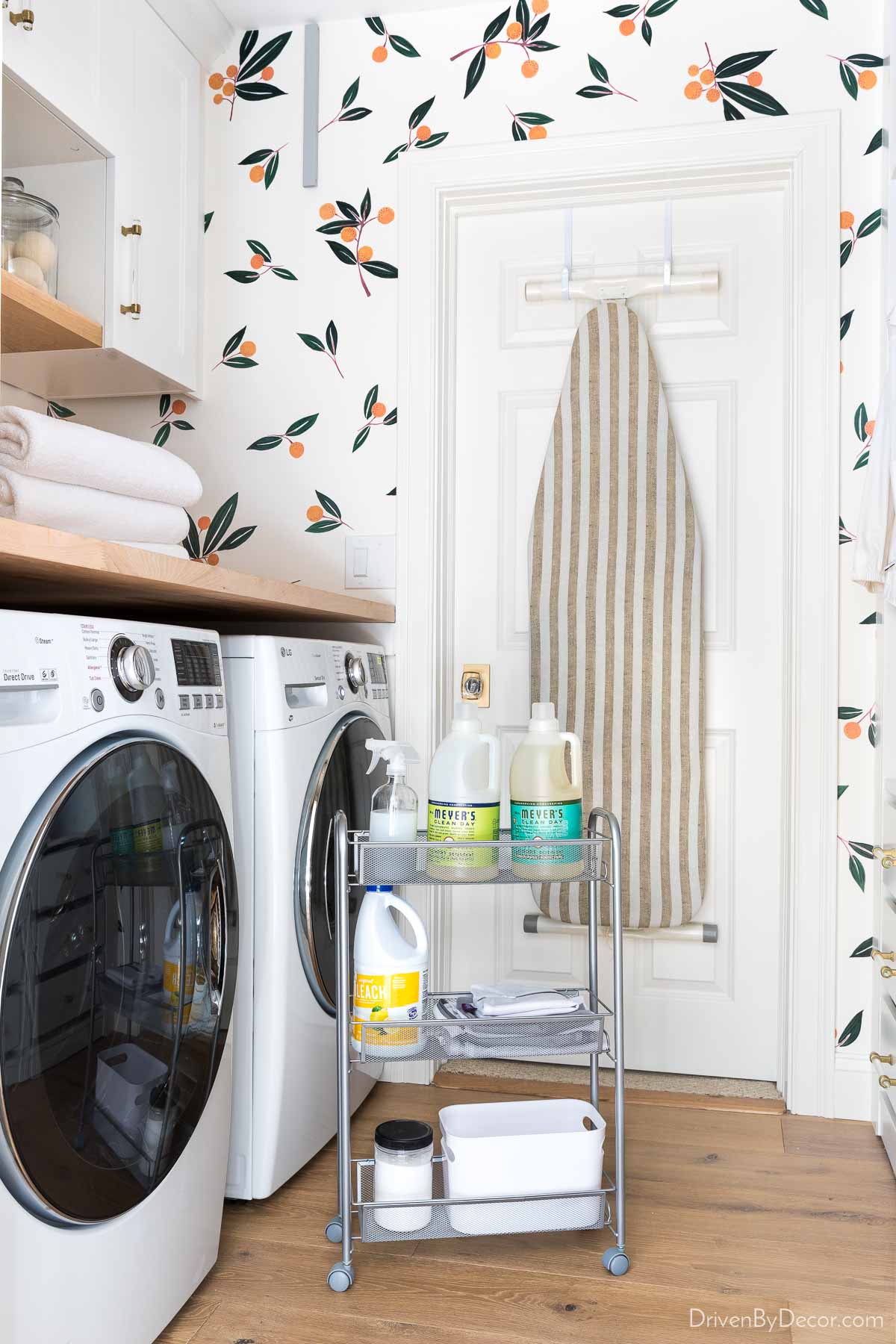 Rolling cart with laundry supplies that fits between washer and dryer