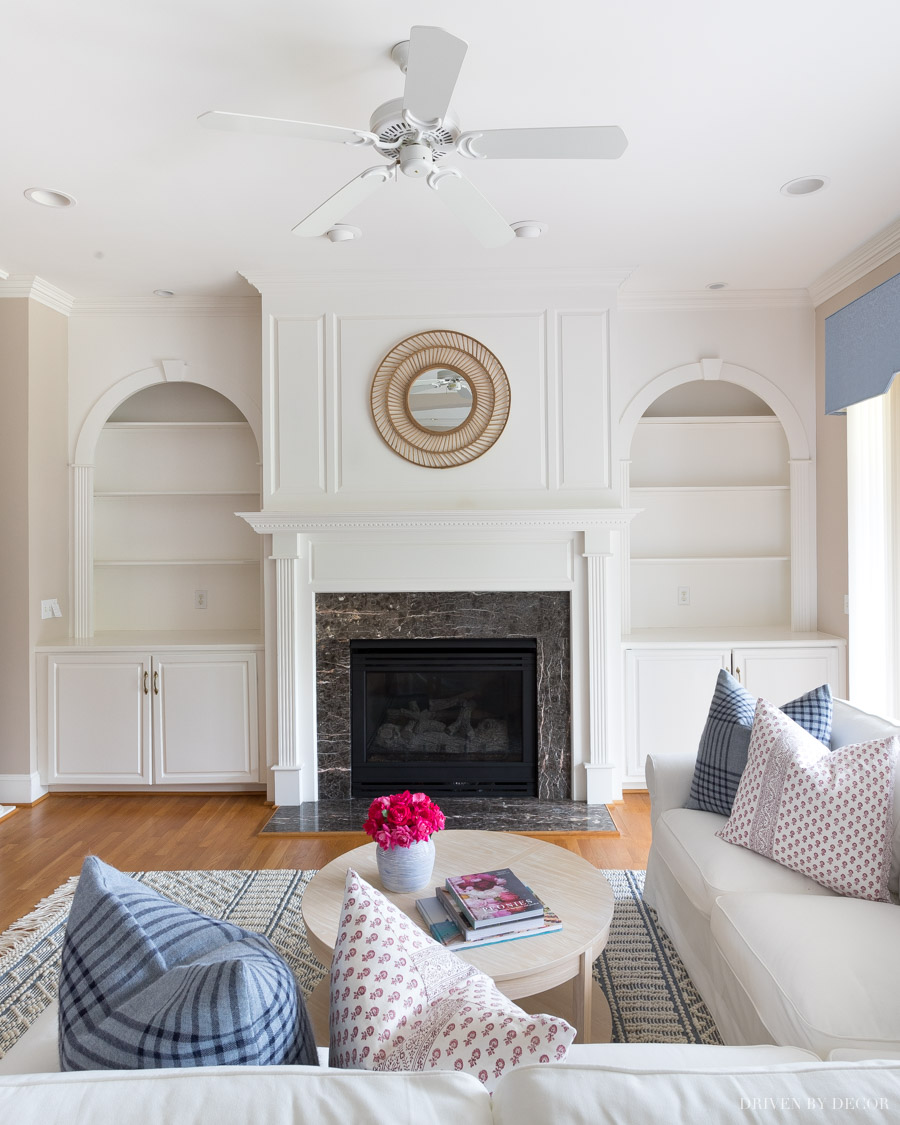 Love how she spray painted the brass fan and recessed lighting trim to make it look like new!