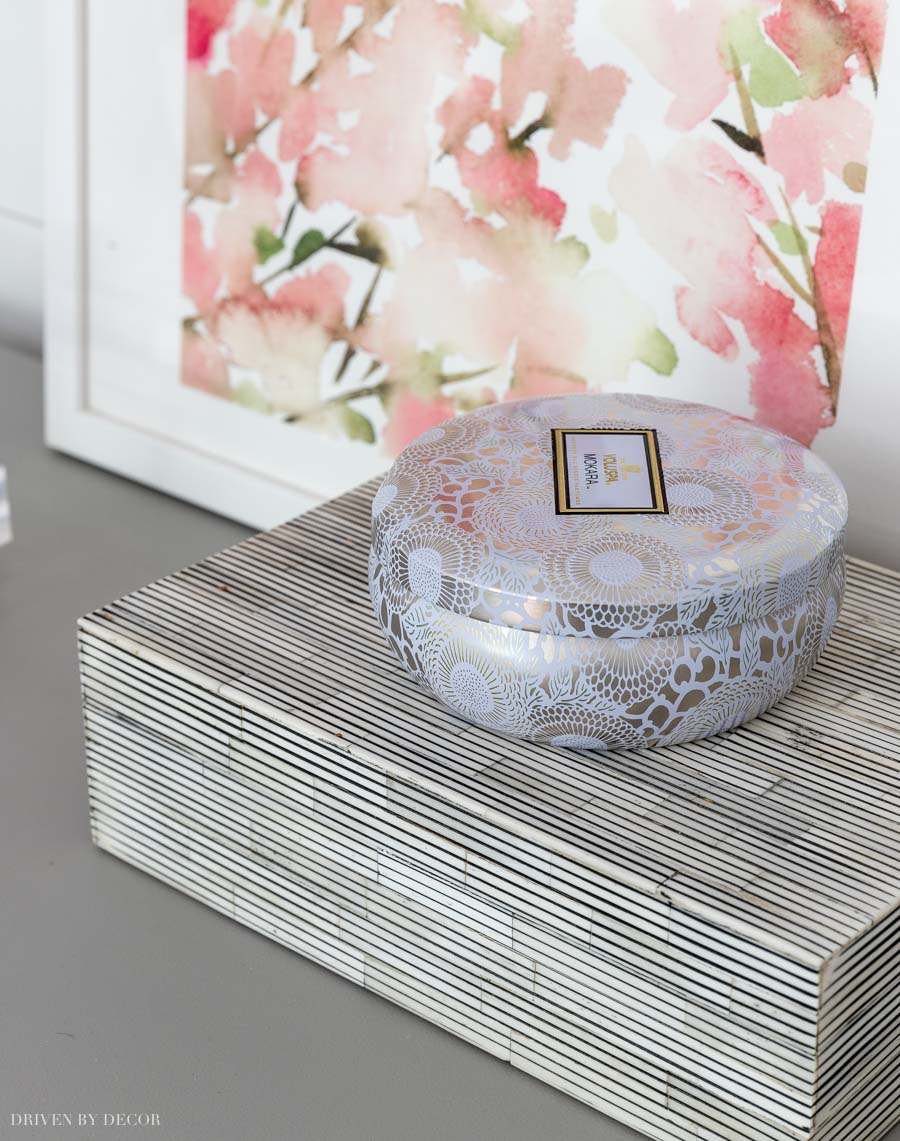 Love the smell of these candles and they come in the prettiest tins!