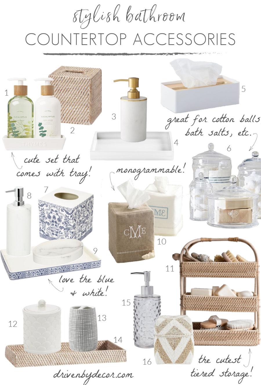 Stylish bathroom decor! Love all of these countertop accessories - soap pumps, trays, tissue boxes, & more!