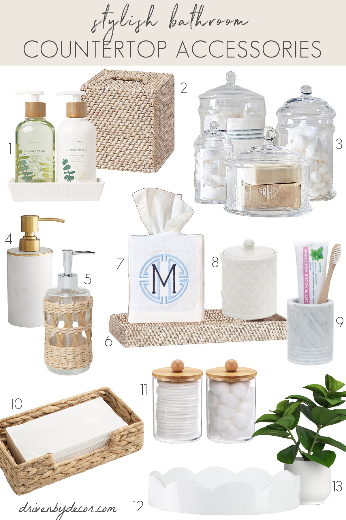 Bathroom decor ideas for your countertop including soap pumps, tissue boxes, trays, and more.
