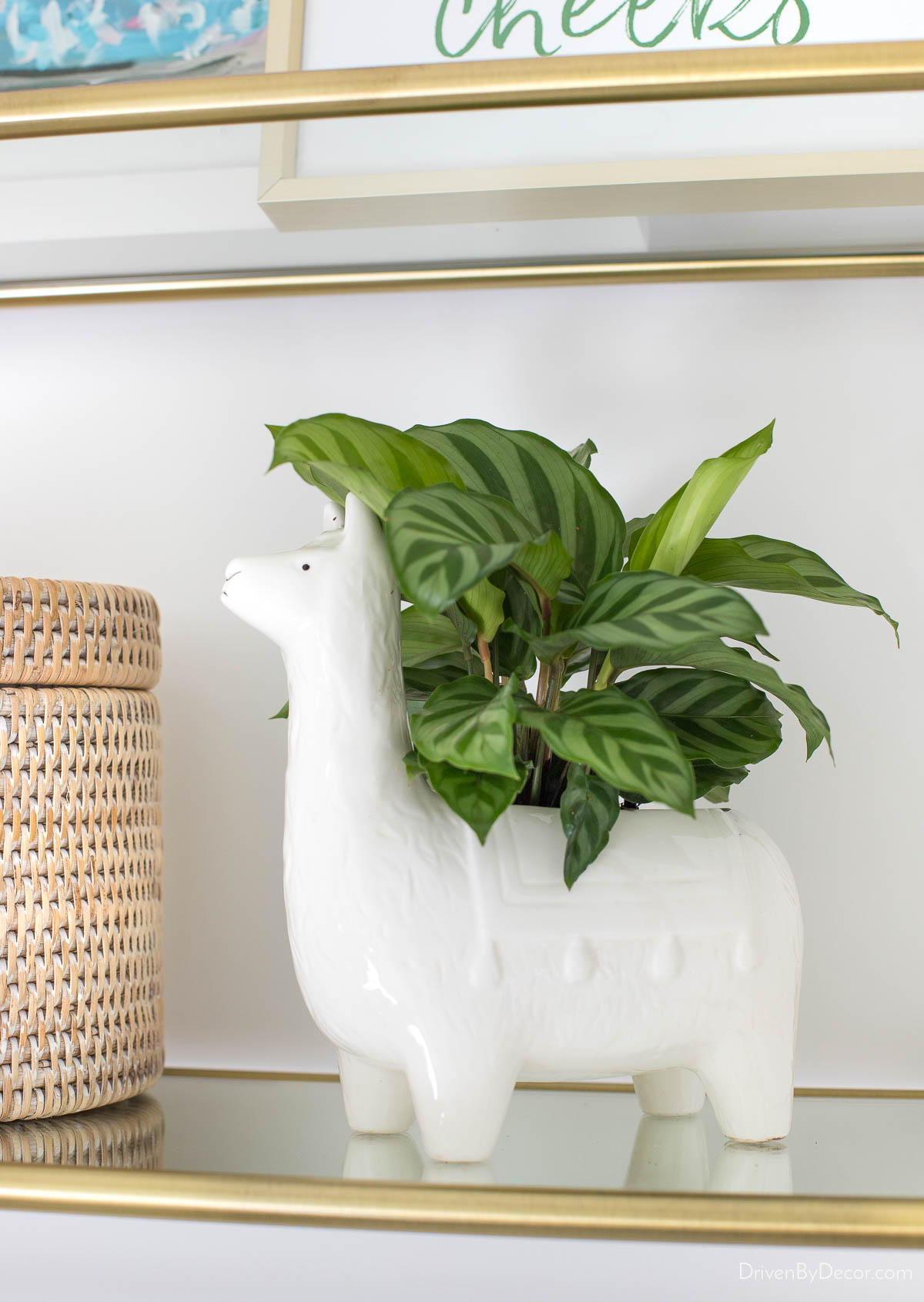 Ceramic llama planter in bathroom holding small plant