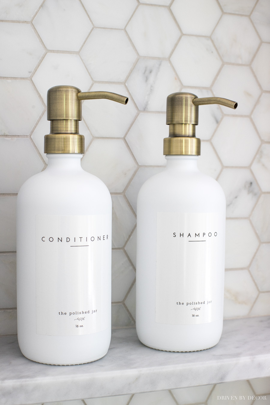 LOVE these shampoo and conditioner bottles she found - so many beautiful bathroom decor ideas in this post!