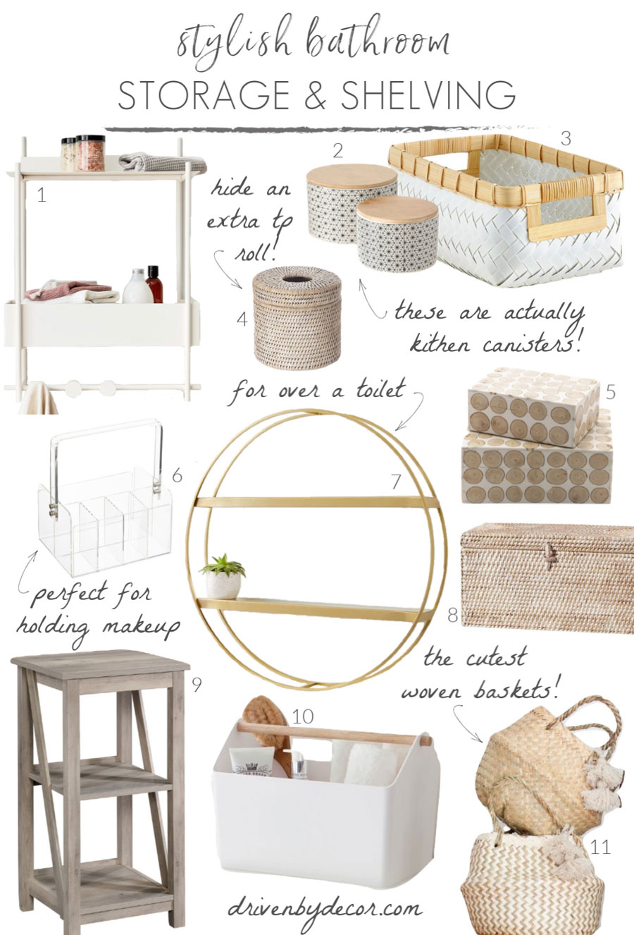 Stylish bathroom decor ideas for storage - shelves, baskets, and bins!