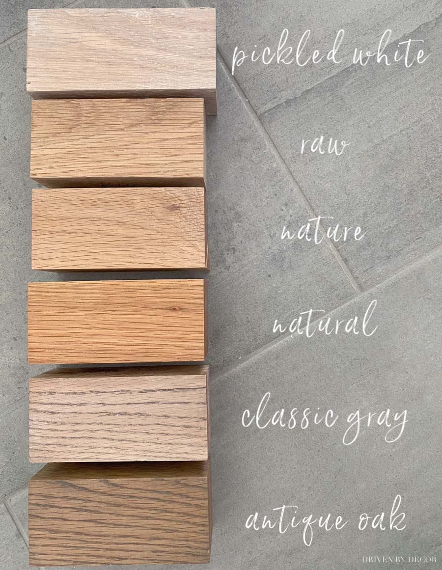 Finish options for the floating wood (oak) shelves we're putting in our bathroom!