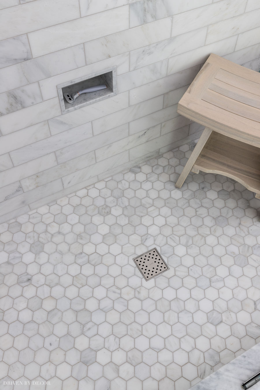 Our marble hexagon shower floor - love!