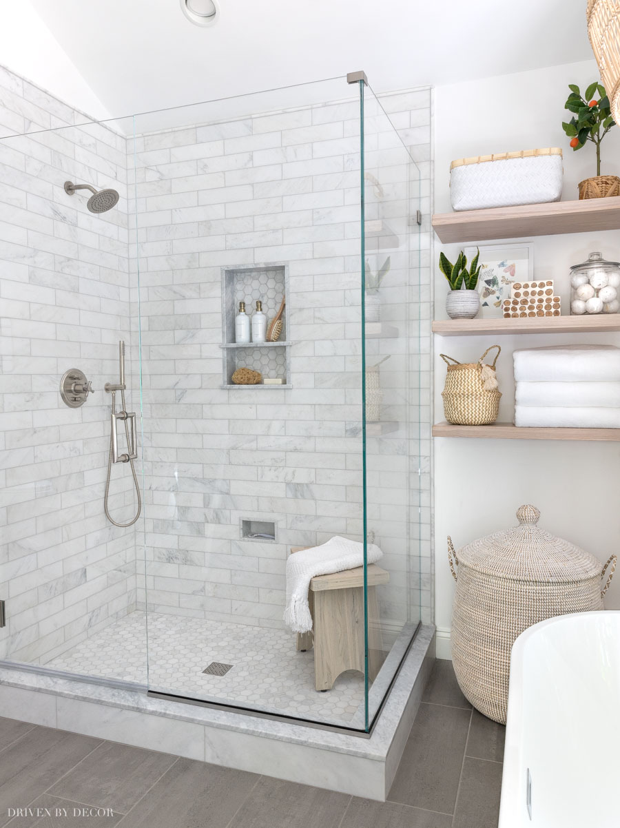 The marble shower in our master bathroom!