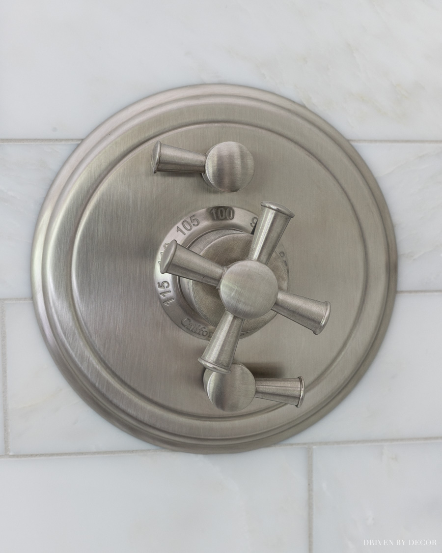 Love this satin nickel shower valve trim with cross handles!