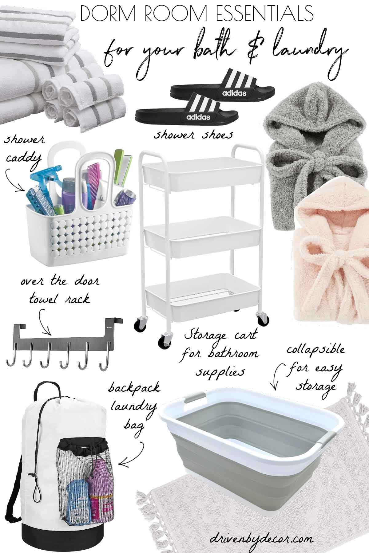 Dorm room bath and laundry essentials