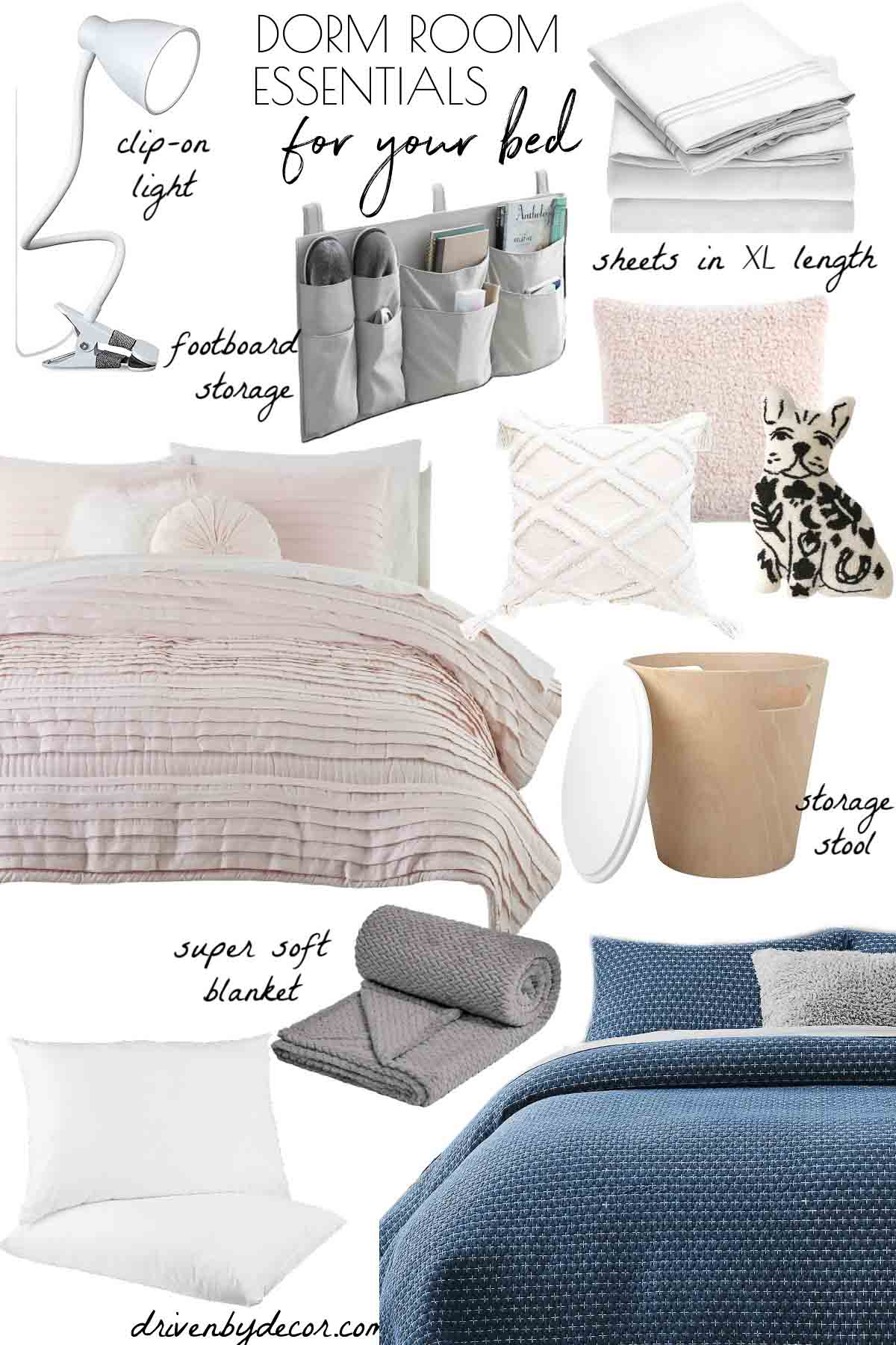 Dorm room essentials for your bed including pillow, bedding, & step stool