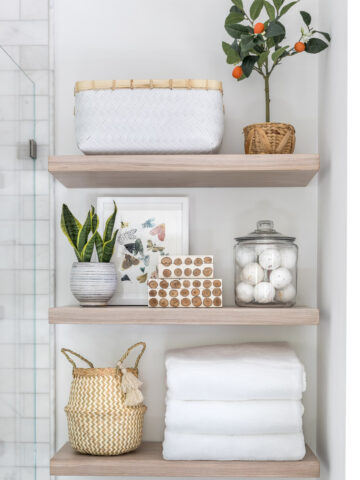 Details on our floating wood shelves in our bathroom and kitchen!