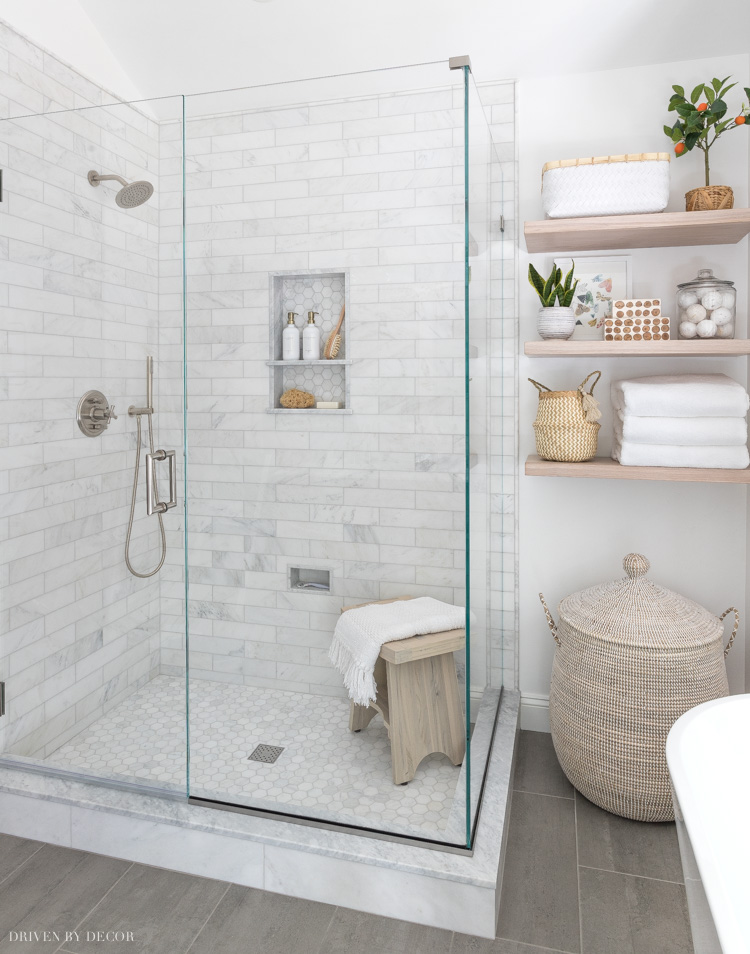 Example of a corner shelf in shower made out of the wall tile  Doorless  shower design, Shower fixtures, Shower corner shelf