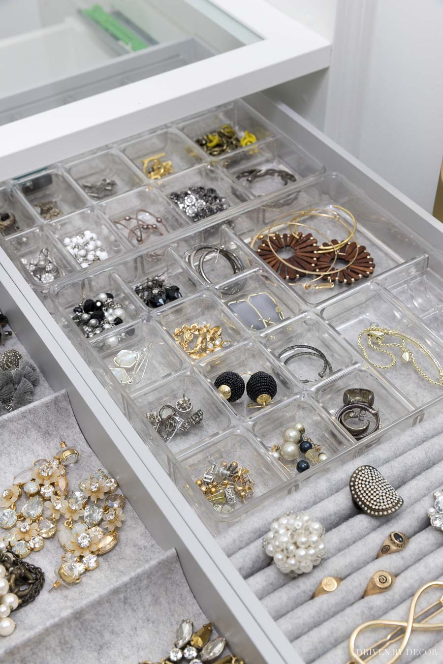 These smaller plastic organizers were a perfect fit in my IKEA PAX drawers for holding my earrings and other smaller jewelry!