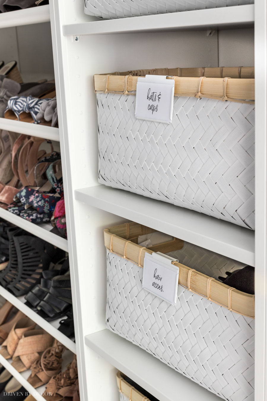 Love the top to bottom basket storage she created with shelves in her IKEA PAX closet!