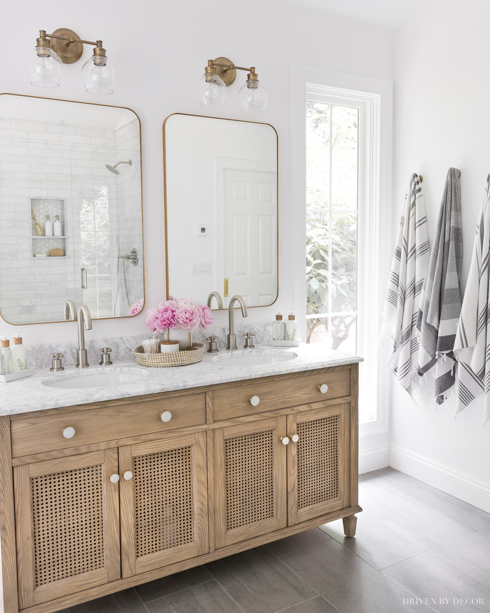 Love the finish on this wood bathroom vanity!